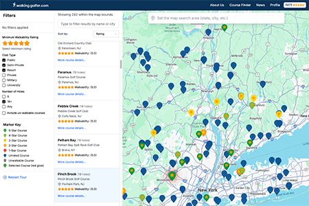 Interactive map interface showing golf course locations